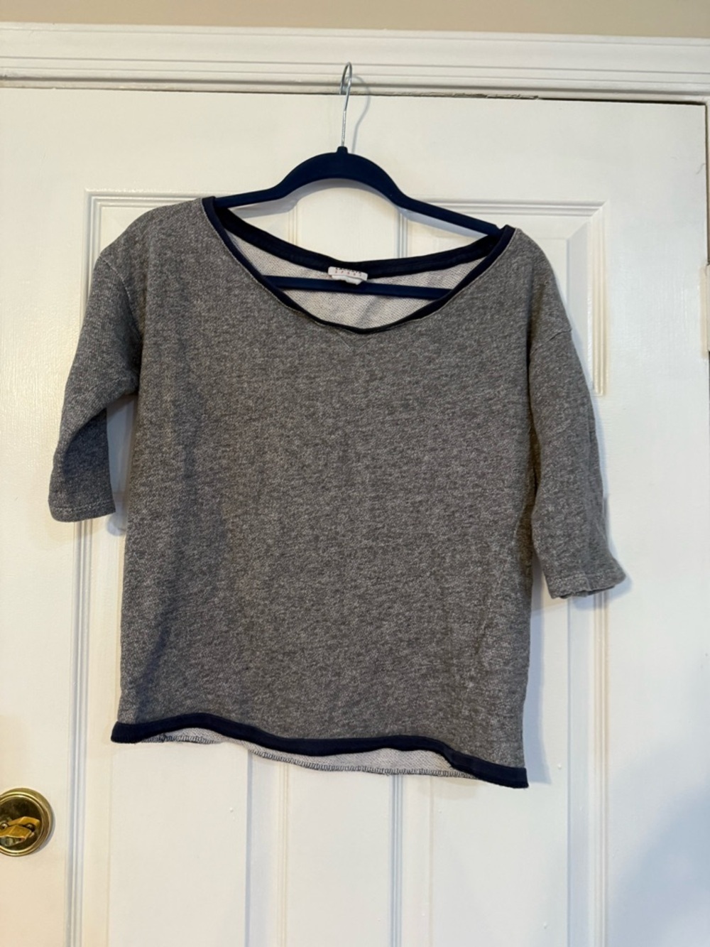 Lacoste Gray Short Sleeve Knit Sweater with Navy Trim